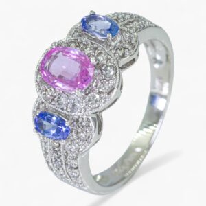 3866 Anillo de oro blanco de 14K con zafiros y diamantes
