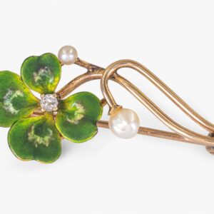 3876 Broche vintage de oro amarillo de 14K con esmalte y perlas