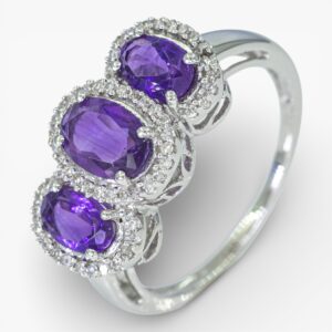 3957 Anillo de oro blanco 14K con amatistas y diamantes