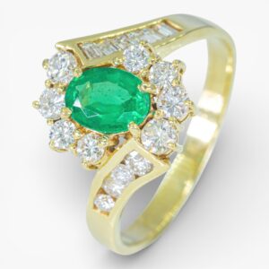 3964 Anillo de oro amarillo 14K con esmeralda y diamantes