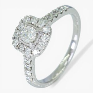 4009 Anillo de oro blanco de 14k con halo cuadrado y banda lateral con diamantes
