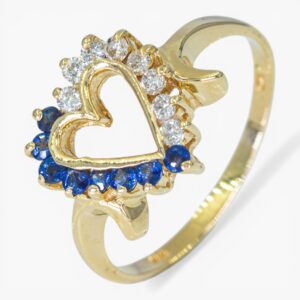 4024 Anillo de oro amarillo de 14k con diseño de corazón calado, cuenta con diamantes y Zafiros