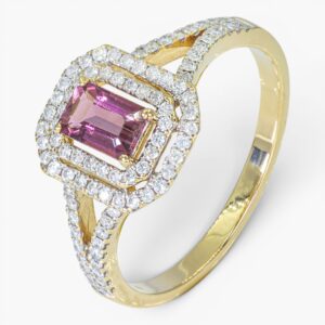 4055 Anillo de oro amarillo de 14k con rubelita y diamantes laterales