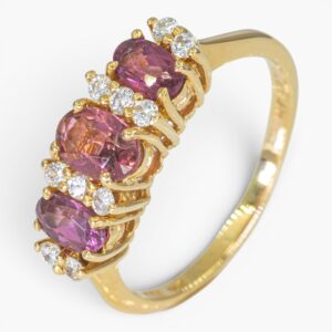 4081 Anillo de oro amarillo de 14k con rubelitas y diamantes