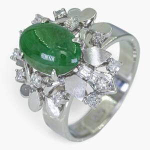 4163 Anillo de oro blanco 14K estilo floral vintage con jade y diamantes