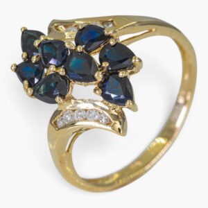 4180 Anillo de oro amarillo 14K estilo racimo con zafiros y diamantes