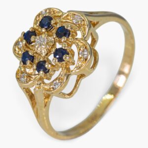 4188 Anillo de oro amarillo 14K estilo floral con zafiros y diamantes