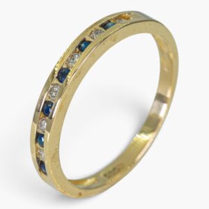 4189 Anillo de oro amarillo 14K tipo cintillo delgado con zafiros y diamantes