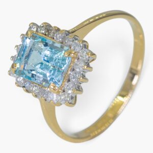 4192 Anillo de oro amarillo 14K estilo halo con aguamarina y diamantes
